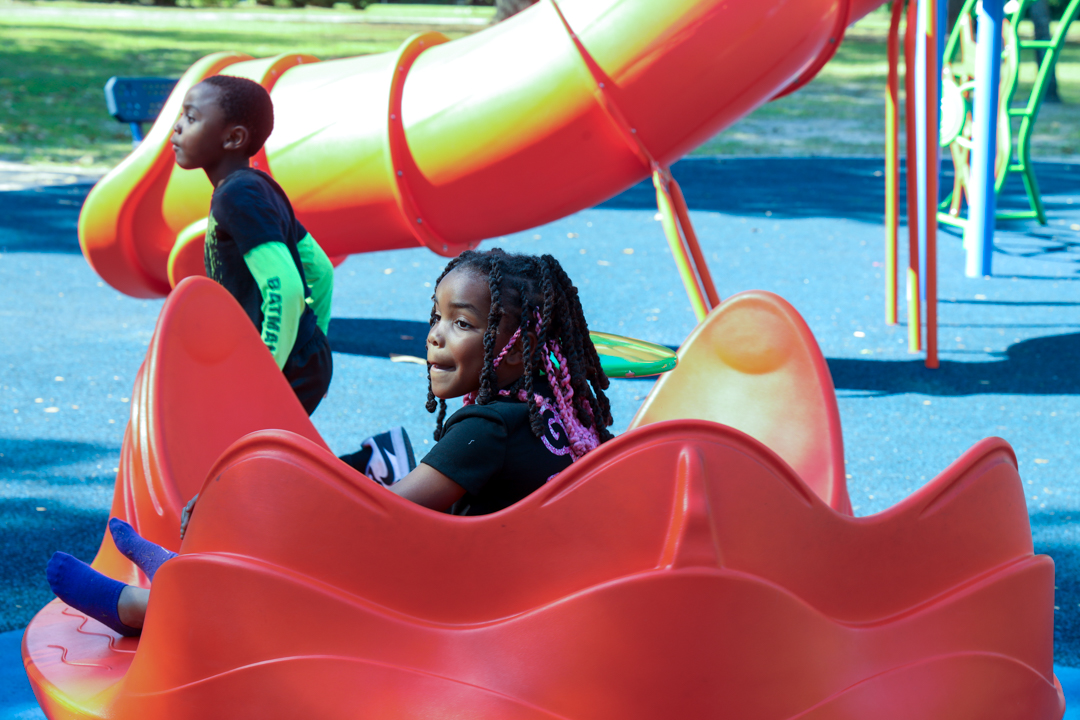 Children playing on new playground on Memorial Park
