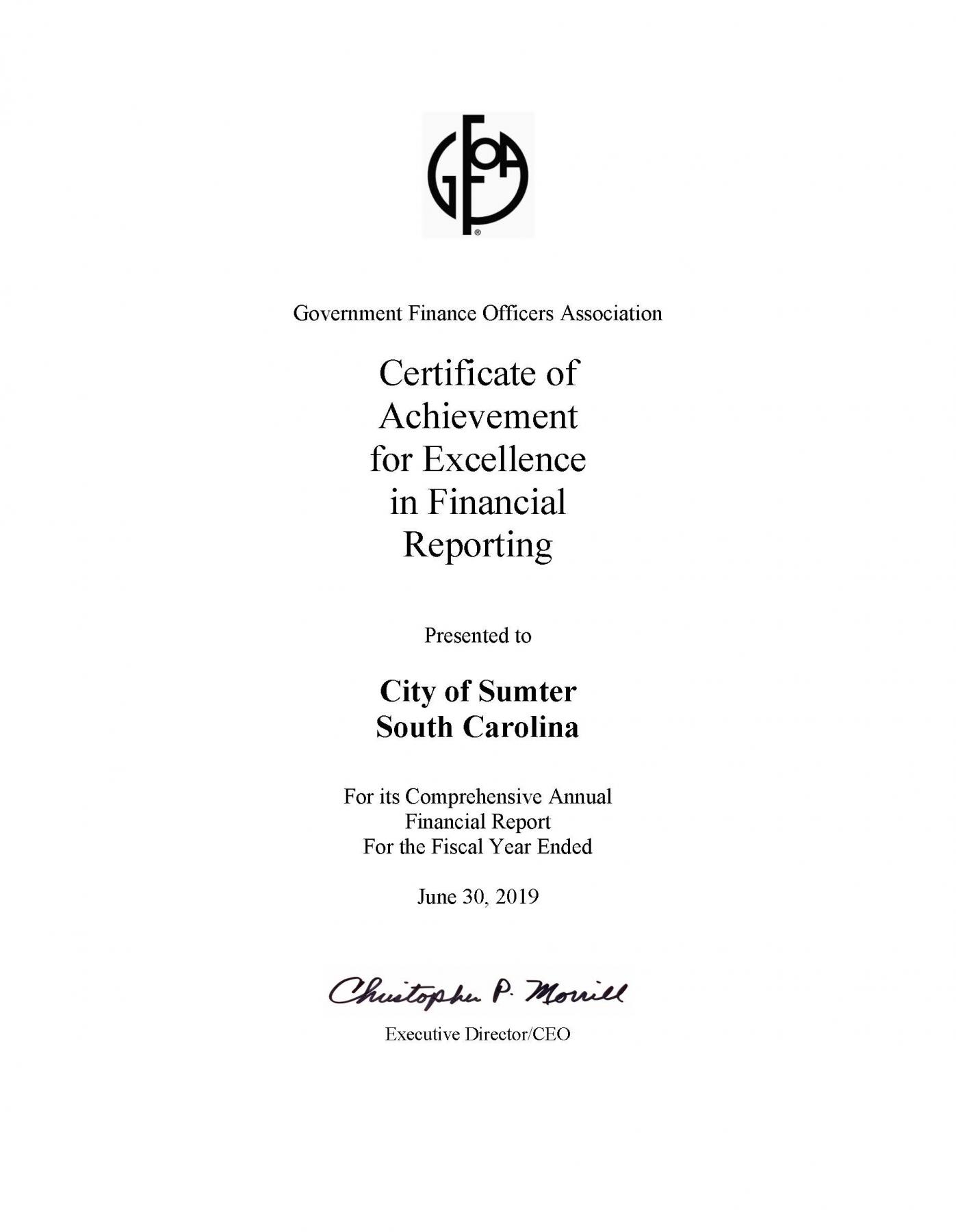 GFOA Certificate of Achievement for Excellence in Financial Reporting