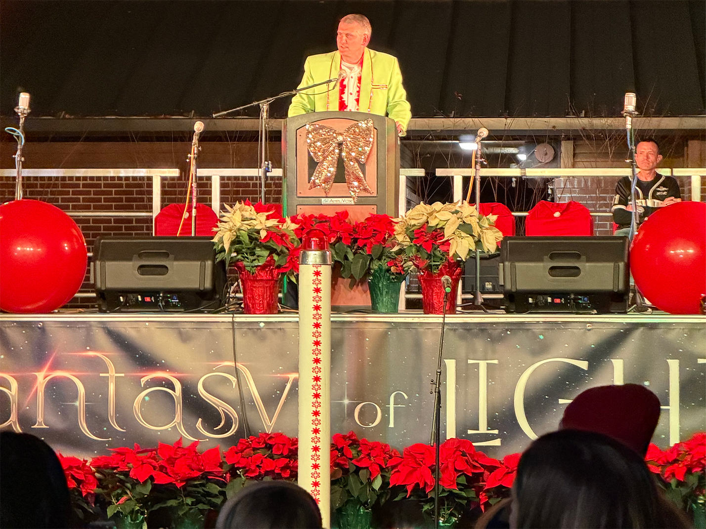 Mayor David Merchant welcomes the visitors to the 2025 Fantasy of LIghts Opening Ceremony at Swan Lake Iris Gardens.