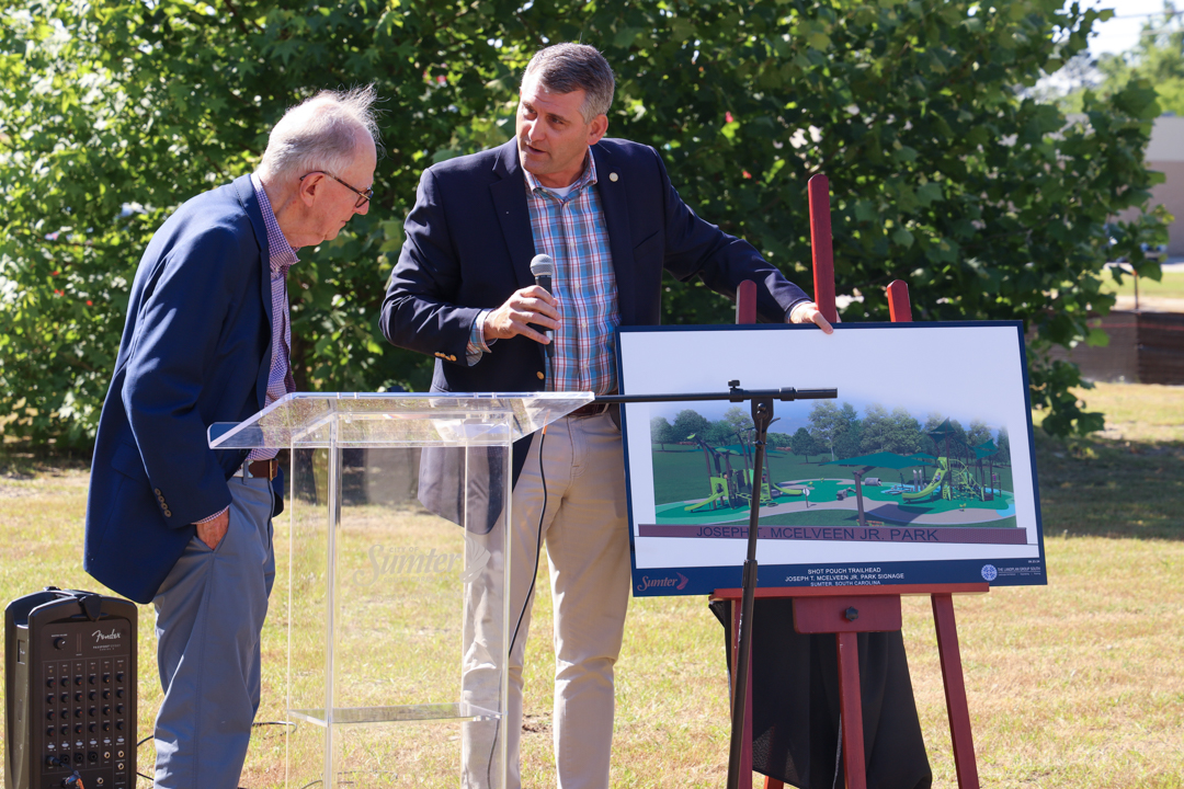 Mayor David Merchant reveals the dedication of the future playground to former Mayor Joseph McElveen, Jr.