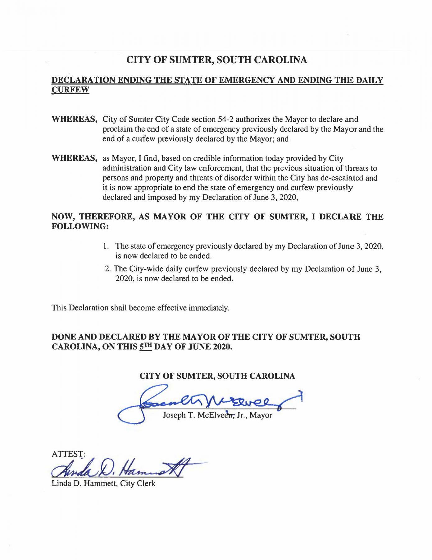 Mayor's Declaration Ending Curfew City of Sumter, SC